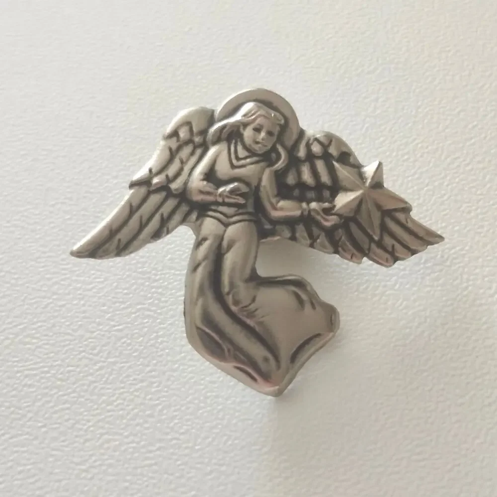 Vintage Silver Tone Guardian Angel Holding Star Religious Celestial Lapel Pin